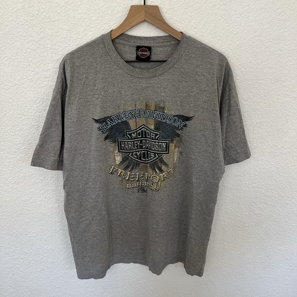 Vintage Harley Davidson Freeport Bahamas Motorcycle Mens Fits XL Gray Y2K